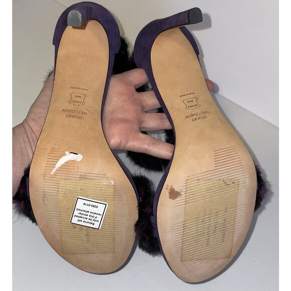 Stuart Weitzman Shoes Womens Size 8.5 Purple Fur Suede High Heel Sandals Strap - Picture 9 of 16